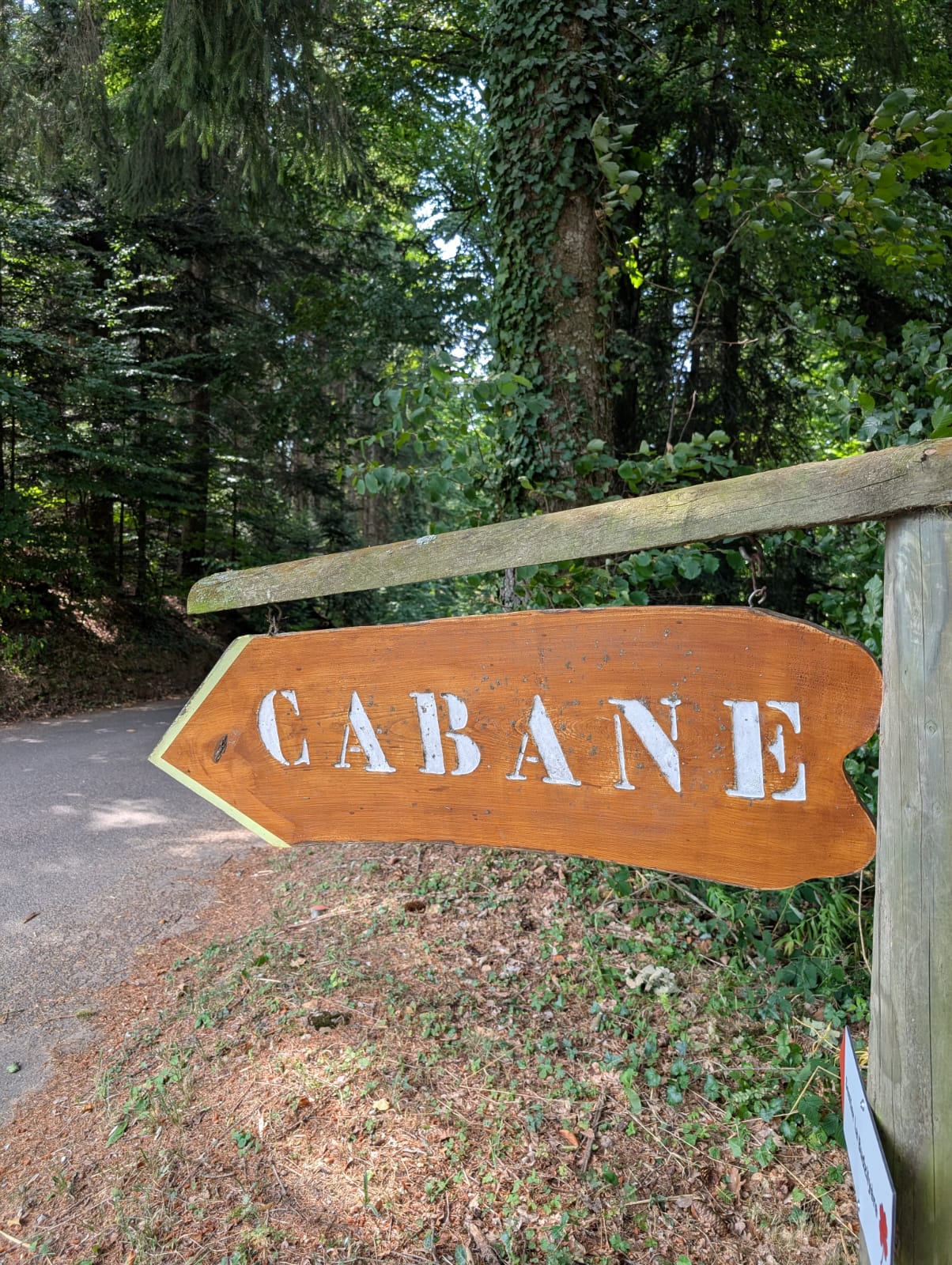 Panneau en bois « CABANE » le long du chemin d'accès